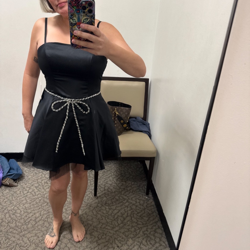 Elegant Black Dress with Rhinestone Belt